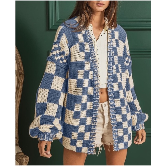 BiBi Sweaters - BiBi Blue and Cream Checkerboard Open-Front Cardigan Lg